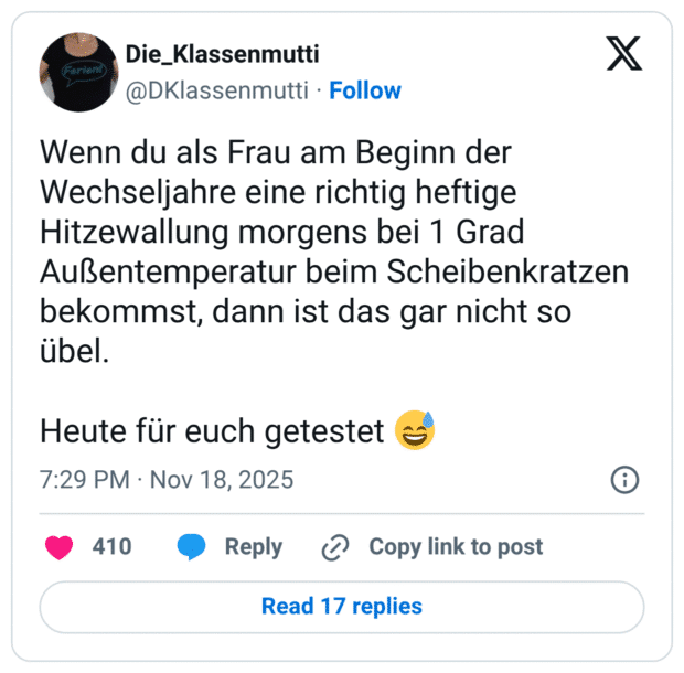 Wenn du als Frau am Beginn der Wechseljahre eine richtig heftige Hitzewallung morgens bei 1 Grad Außentemperatur beim Scheibenkratzen bekommst, dann ist das gar nicht so übel. Heute für euch getestet 😅