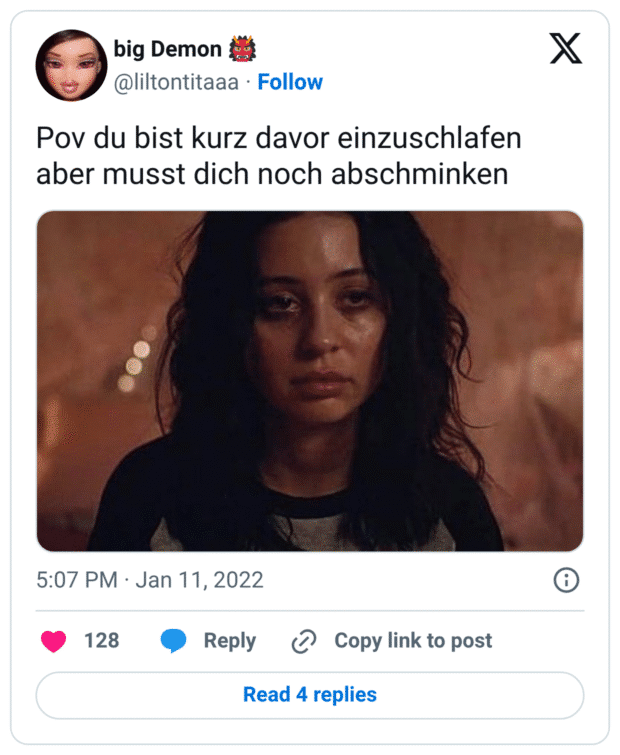 Pov du bist kurz davor einzuschlafen aber musst dich noch abschminken