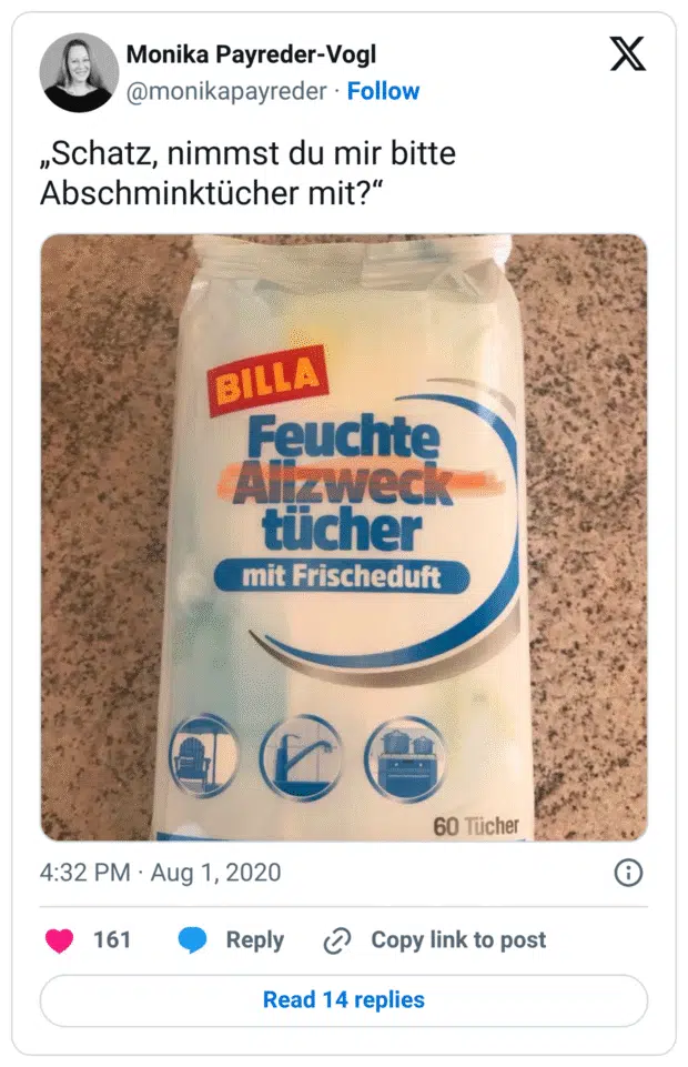 „Schatz, nimmst du mir bitte Abschminktücher mit?“