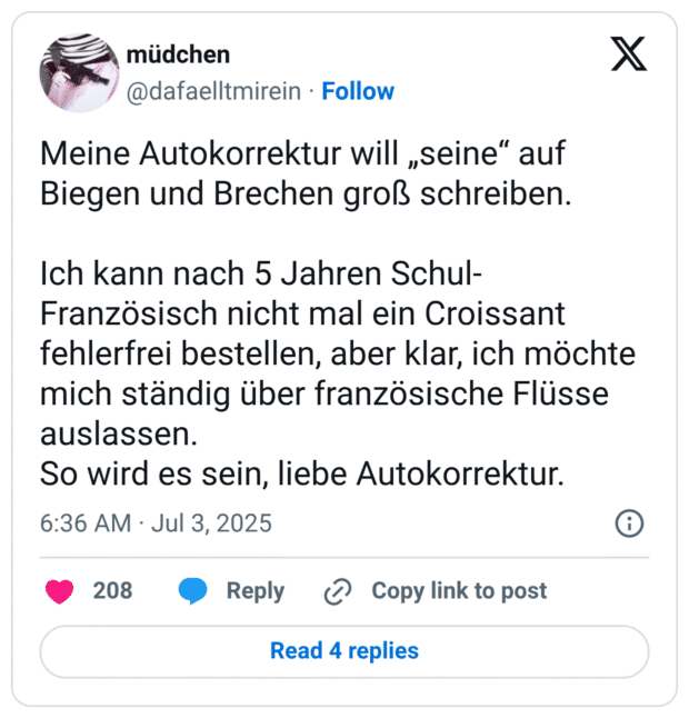 Meine Autokorrektur will „seine“ auf Biegen und Brechen groß schreiben. Ich kann nach 5 Jahren Schul-Französisch nicht mal ein Croissant fehlerfrei bestellen, aber klar, ich möchte mich ständig über französische Flüsse auslassen. So wird es sein, liebe Autokorrektur.