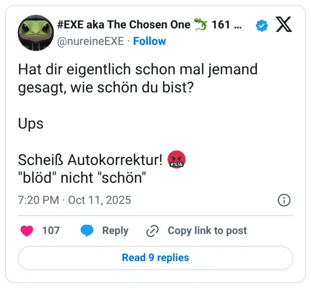 Hat dir eigentlich schon mal jemand gesagt, wie schön du bist? Ups Scheiß Autokorrektur! :gesicht_mit_symbolen_auf_dem_mund: "blöd" nicht "schön"