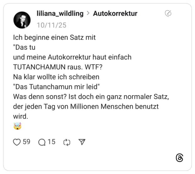 Ich beginne einen Satz mit "Das tu und meine Autokorrektur haut einfach TUTANCHAMUN raus. WTF? Na klar wollte ich schreiben "Das Tutanchamun mir leid" Was denn sonst? Ist doch ein ganz normaler Satz, der jeden Tag von Millionen Menschen benutzt wird. :explodierender_kopf: