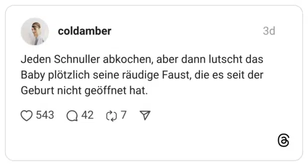 Jeden Schnuller abkochen, aber dann lutscht das Baby plötzlich seine räudige Faust, die es seit der Geburt nicht geöffnet hat.