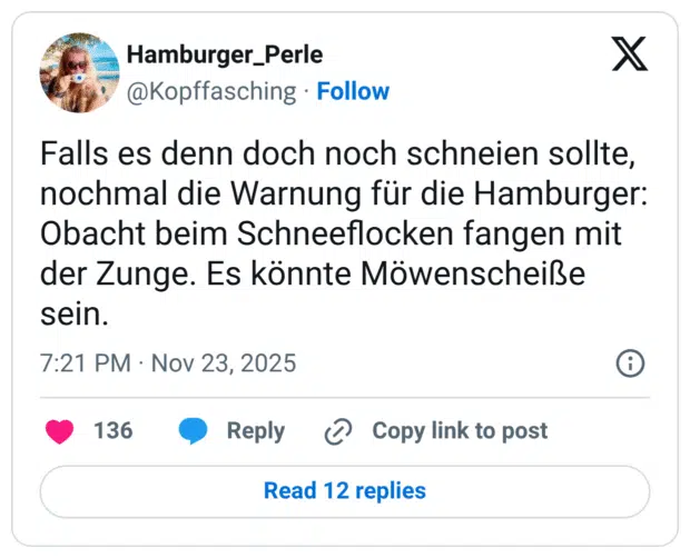 Falls es denn doch noch schneien sollte, nochmal die Warnung für die Hamburger: Obacht beim Schneeflocken fangen mit der Zunge. Es könnte Möwenscheiße sein.