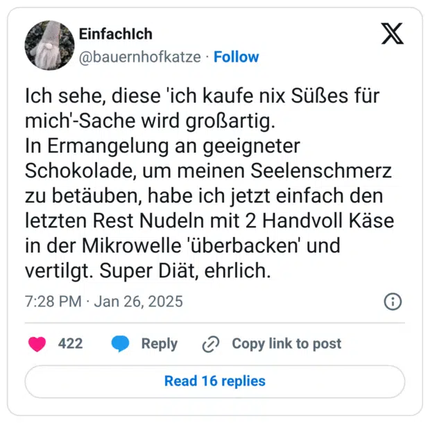 Ich sehe, diese 'ich kaufe nix Süßes für mich'-Sache wird großartig. In Ermangelung an geeigneter Schokolade, um meinen Seelenschmerz zu betäuben, habe ich jetzt einfach den letzten Rest Nudeln mit 2 Handvoll Käse in der Mikrowelle 'überbacken' und vertilgt. Super Diät, ehrlich.
