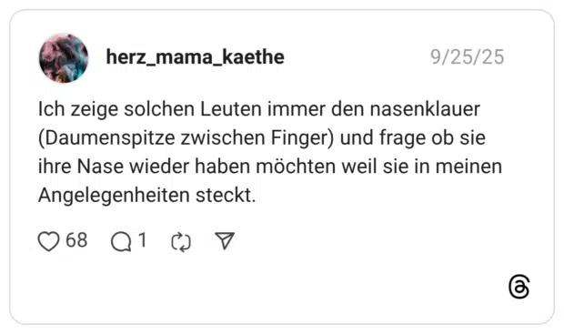 Ich zeige solchen Leuten immer den nasenklauer (Daumenspitze zwischen Finger) und frage ob sie ihre Nase wieder haben möchten weil sie in meinen Angelegenheiten steckt.
