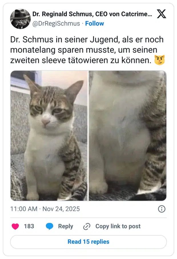 Dr. Schmus in seiner Jugend, als er noch monatelang sparen musste, um seinen zweiten sleeve tätowieren zu können. 😼