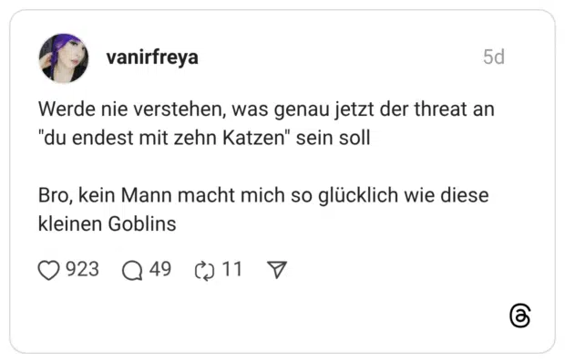 Werde nie verstehen, was genau jetzt der threat an "du endest mit zehn Katzen" sein soll Bro, kein Mann macht mich so glücklich wie diese kleinen Goblins