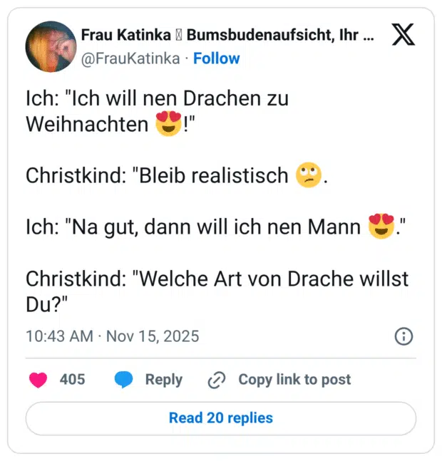 Ich: "Ich will nen Drachen zu Weihnachten 😍!" Christkind: "Bleib realistisch 🙄. Ich: "Na gut, dann will ich nen Mann 😍." Christkind: "Welche Art von Drache willst Du?"