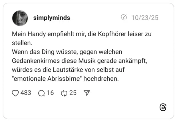 Mein Handy empfiehlt mir, die Kopfhörer leiser zu stellen. Wenn das Ding wüsste, gegen welchen Gedankenkirmes diese Musik gerade ankämpft, würdes es die Lautstärke von selbst auf "emotionale Abrissbirne" hochdrehen.