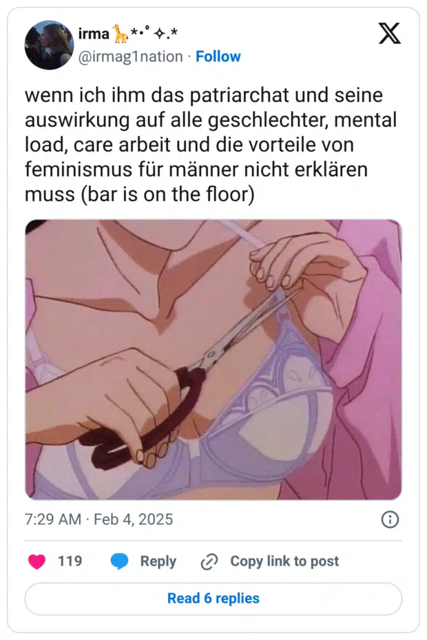 wenn ich ihm das patriarchat und seine auswirkung auf alle geschlechter, mental load, care arbeit und die vorteile von feminismus für männer nicht erklären muss (bar is on the floor)