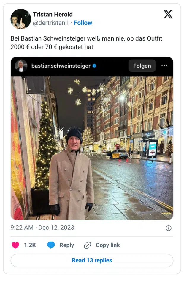 Bei Bastian Schweinsteiger weiß man nie, ob das Outfit 2000 € oder 70 € gekostet hat