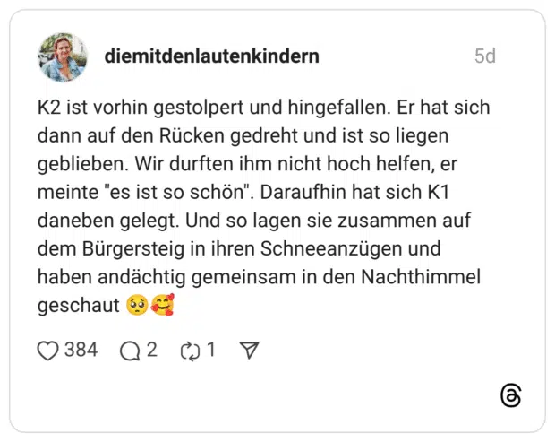 K2 ist vorhin gestolpert und hingefallen. Er hat sich dann auf den Rücken gedreht und ist so liegen geblieben. Wir durften ihm nicht hoch helfen, er meinte "es ist so schön". Daraufhin hat sich K1 daneben gelegt. Und so lagen sie zusammen auf dem Bürgersteig in ihren Schneeanzügen und haben andächtig gemeinsam in den Nachthimmel geschaut