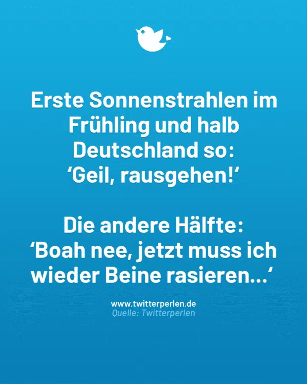 Erste Sonnenstrahlen im Frühling und halb Deutschland so:
‘Geil, rausgehen!‘
Die andere Hälfte:
‘Boah nee, jetzt muss ich wieder Beine rasieren…‘