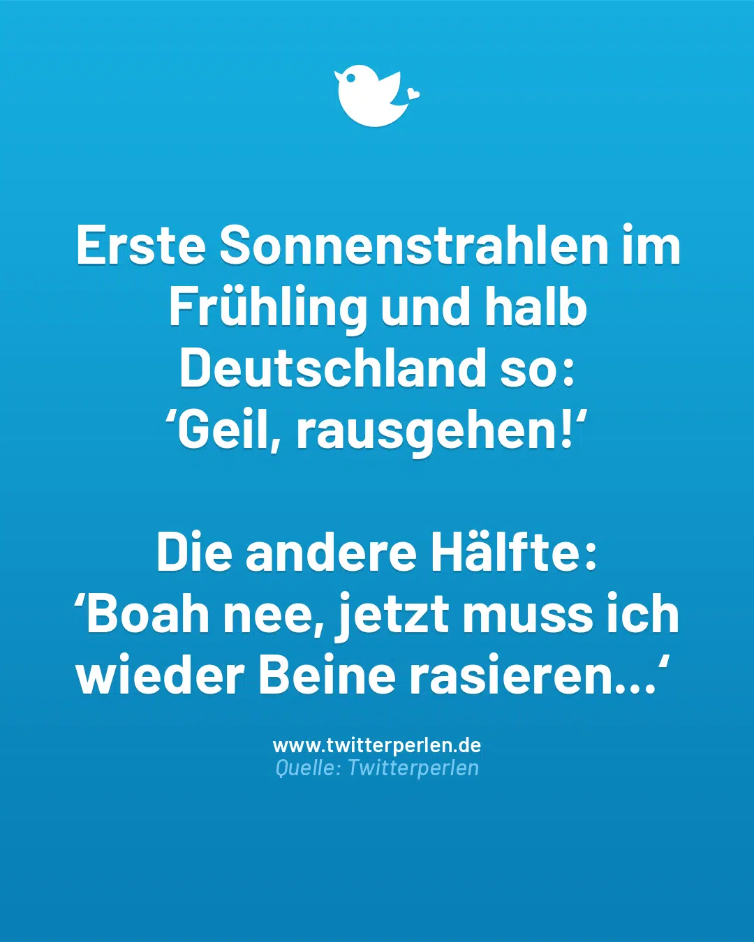 Erste Sonnenstrahlen im Frühling und halb Deutschland so:
‘Geil, rausgehen!‘
Die andere Hälfte:
‘Boah nee, jetzt muss ich wieder Beine rasieren…‘