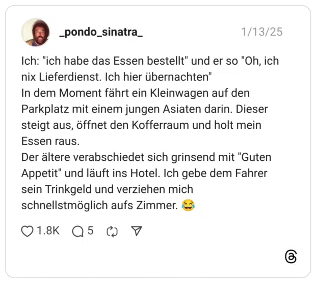 Ich: "ich habe das Essen bestellt" und er so "Oh, ich nix Lieferdienst. Ich hier übernachten" In dem Moment fährt ein Kleinwagen auf den Parkplatz mit einem jungen Asiaten darin. Dieser steigt aus, öffnet den Kofferraum und holt mein essen raus. Der ältere verabschiedet sich grinsend mit "Guten Appetit" und läuft ins Hotel. Ich gebe dem Fahrer sein Trinkgeld und verziehen mich schnellstmöglich aufs Zimmer.