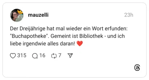 Der Dreijährige hat mal wieder ein Wort erfunden: "Buchapotheke". Gemeint ist Bibliothek - und ich liebe irgendwie alles daran! ❤️