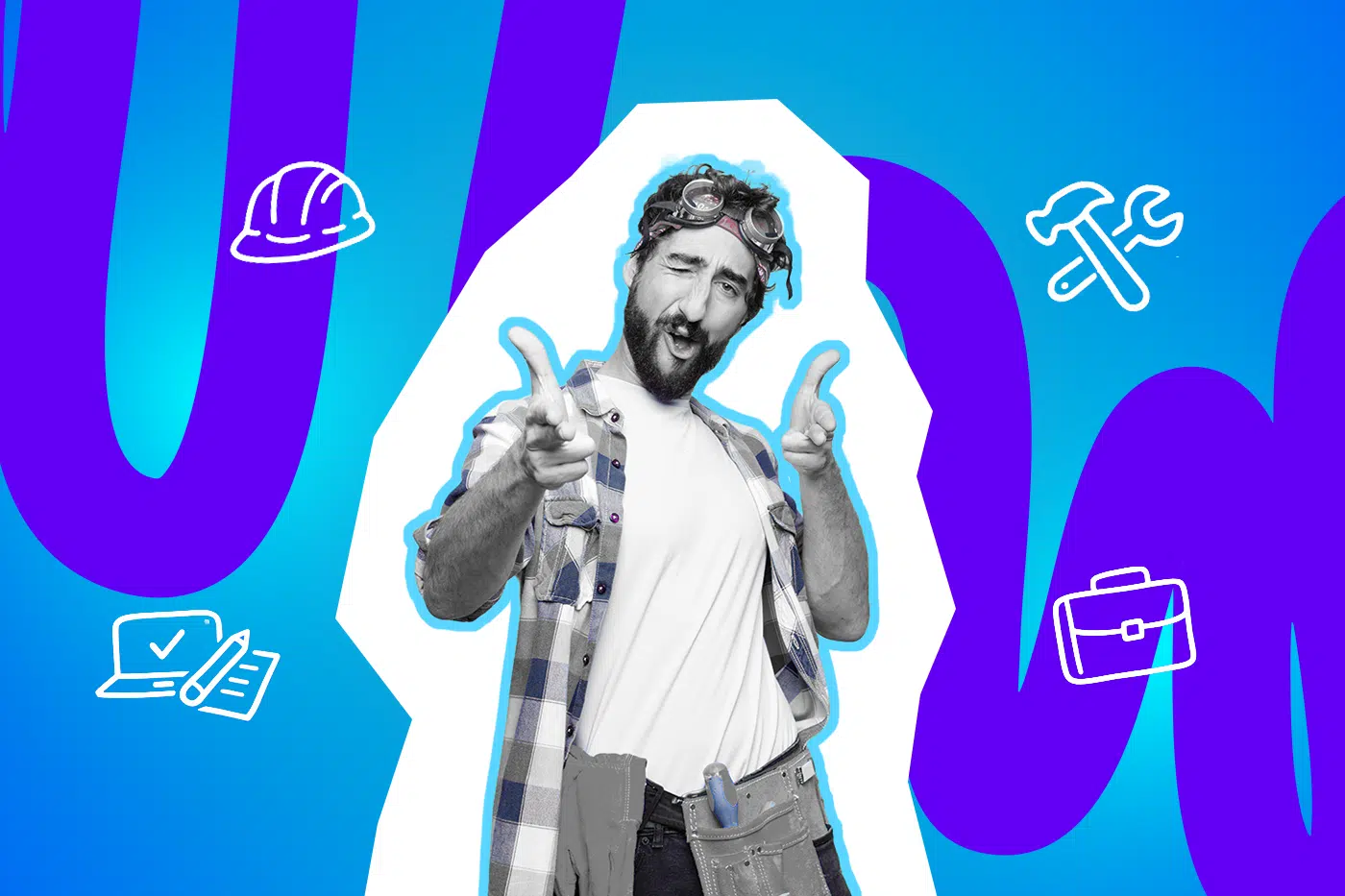 Ein Handwerker mit Werkzeugtasche und Schutzbrille zwinkert und zeigt mit beiden Händen spielerisch in die Kamera vor einem grafischen Hintergrund.