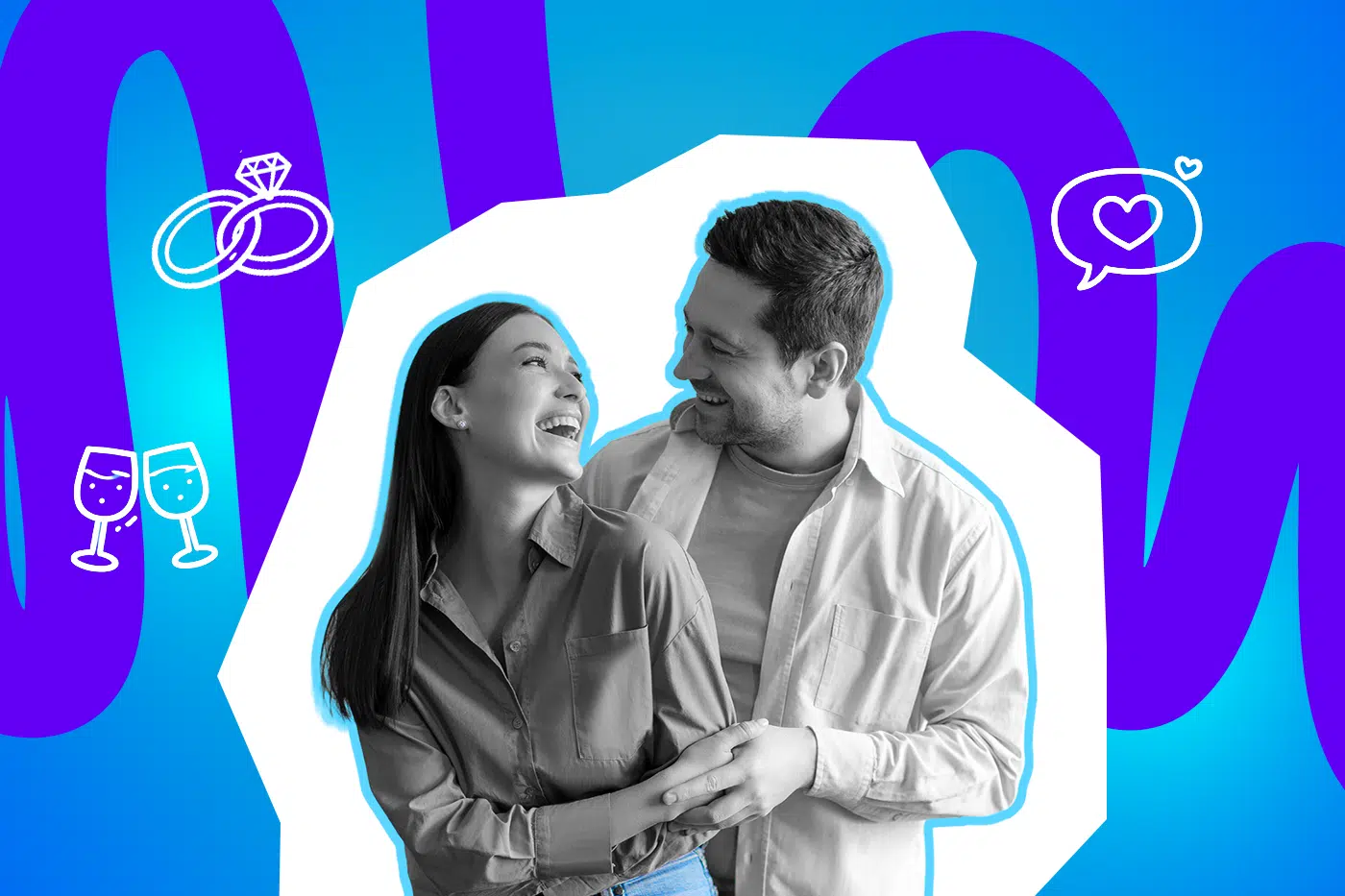 Ein lachendes Paar schaut sich liebevoll an und hält sich an den Händen vor einem bunten, grafischen Hintergrund.