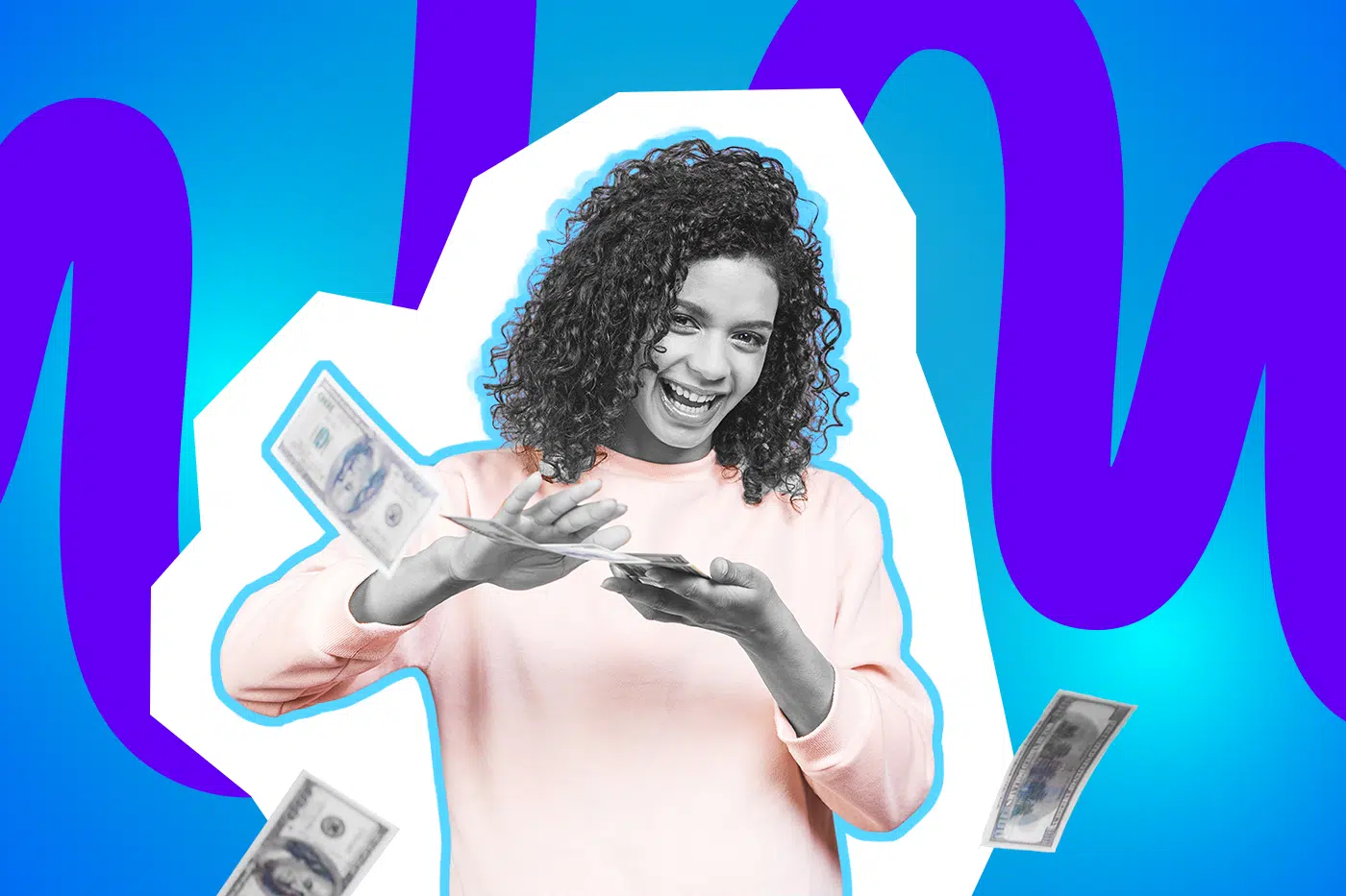 Lachende Frau zählt Geldscheine, während weitere Geldscheine um sie herum fallen.