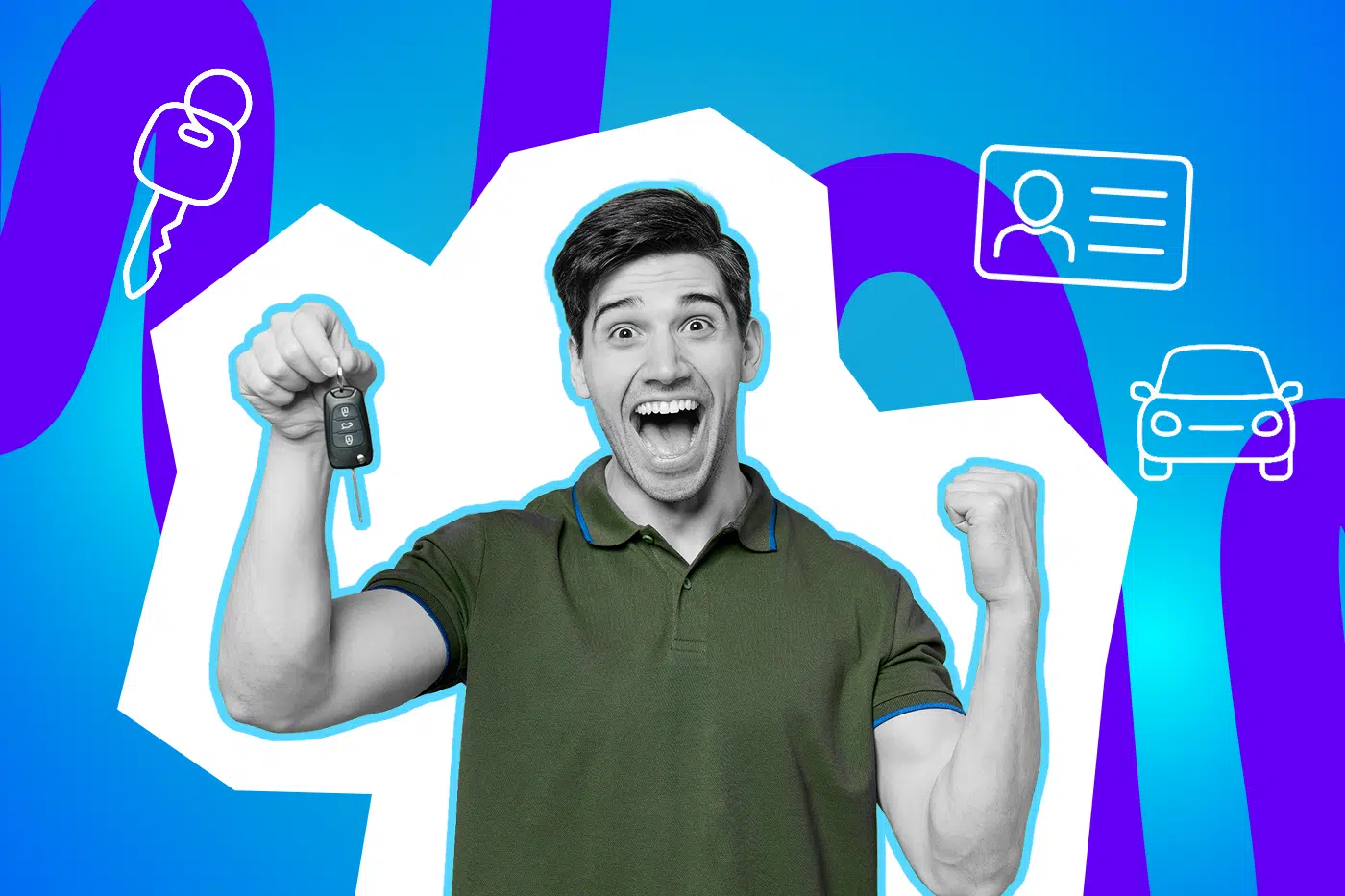 Ein jubelnder junger Mann hält triumphierend einen Autoschlüssel hoch, umgeben von Symbolen für Schlüssel, Ausweis und Auto vor blau-violettem Hintergrund.