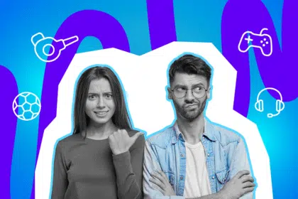 Junge Frau zeigt irritiert auf einen jungen Mann, der skeptisch zur Seite blickt; um sie herum Symbole für Sportpfeife, Ball, Gaming-Controller und Headset.