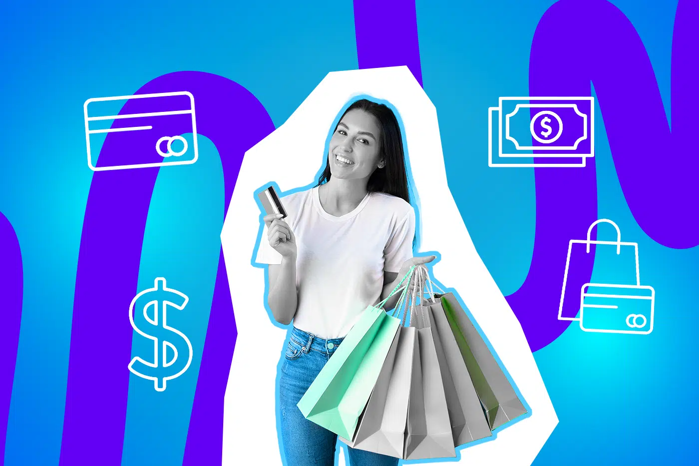 Eine lächelnde Frau hält eine Kreditkarte und mehrere Einkaufstaschen vor einem blau-violetten Hintergrund mit Zahlungs-Icons.