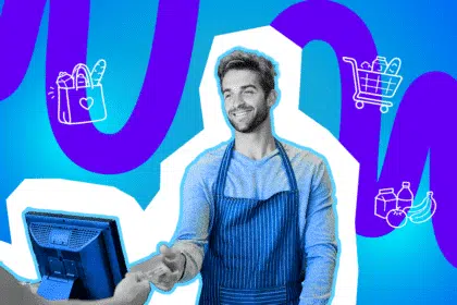 Ein lächelnder Kassierer im Supermarkt nimmt eine Karte von einer Kundin entgegen, umgeben von Symbolen für Einkaufen und Lebensmittel.