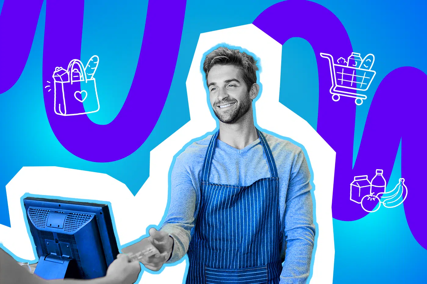 Ein lächelnder Kassierer im Supermarkt nimmt eine Karte von einer Kundin entgegen, umgeben von Symbolen für Einkaufen und Lebensmittel.