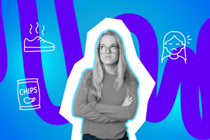 Eine Jugendliche mit verschränkten Armen blickt genervt nach oben, umgeben von Symbolen für Schuhe, Chips und Emotionen vor blau-violettem Hintergrund.