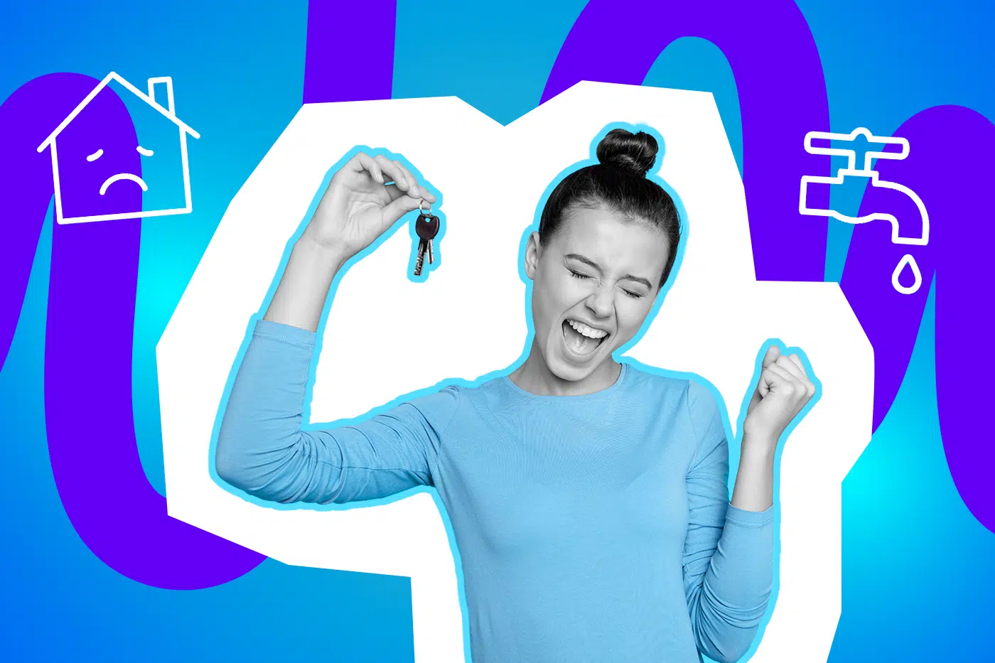 Jubelnde Frau hält einen Schlüsselbund hoch und freut sich, umgeben von Symbolen eines Hauses und eines tropfenden Wasserhahns.