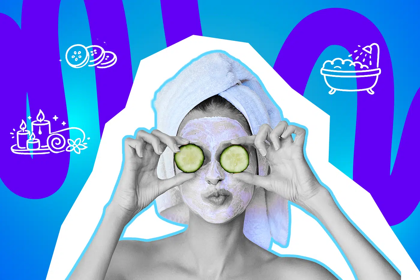 Eine Frau mit Handtuch auf dem Kopf und Gesichtsmaske hält Gurkenscheiben vor die Augen und stellt Wellness im Alltag dar.
