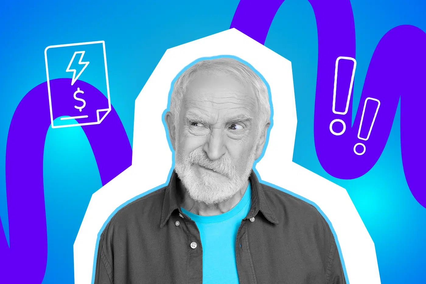 Ein älterer Mann blickt skeptisch in die Kamera, vor einem blau-violetten Hintergrund mit Symbolen für Geld und Warnhinweise.