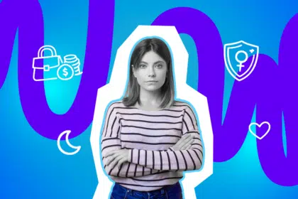 Eine Frau mit verschränkten Armen blickt ernst in die Kamera, umgeben von Symbolen für Geld, Sicherheit, Selbstbestimmung und Gefühle.