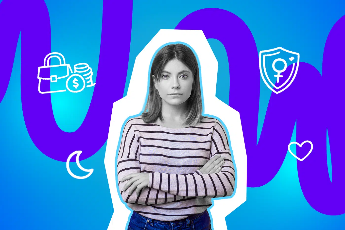 Eine Frau mit verschränkten Armen blickt ernst in die Kamera, umgeben von Symbolen für Geld, Sicherheit, Selbstbestimmung und Gefühle.