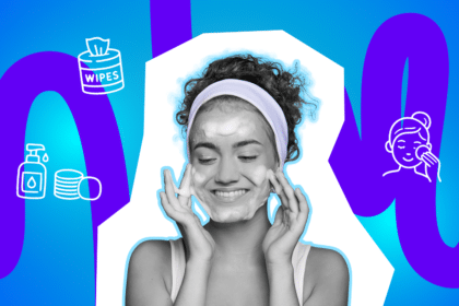Eine junge Frau mit Stirnband reinigt lächelnd ihr Gesicht mit Schaum, umgeben von Illustrationen zu Hautpflege und Reinigung.