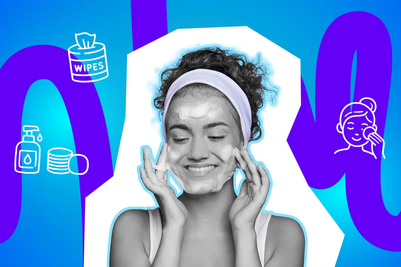 Eine junge Frau mit Stirnband reinigt lächelnd ihr Gesicht mit Schaum, umgeben von Illustrationen zu Hautpflege und Reinigung.