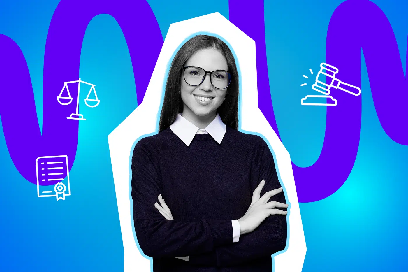 Eine Anwältin steht selbstbewusst mit verschränkten Armen. Das Bild steht für Rechtssicherheit, Kompetenz und Durchsetzungsstärke.