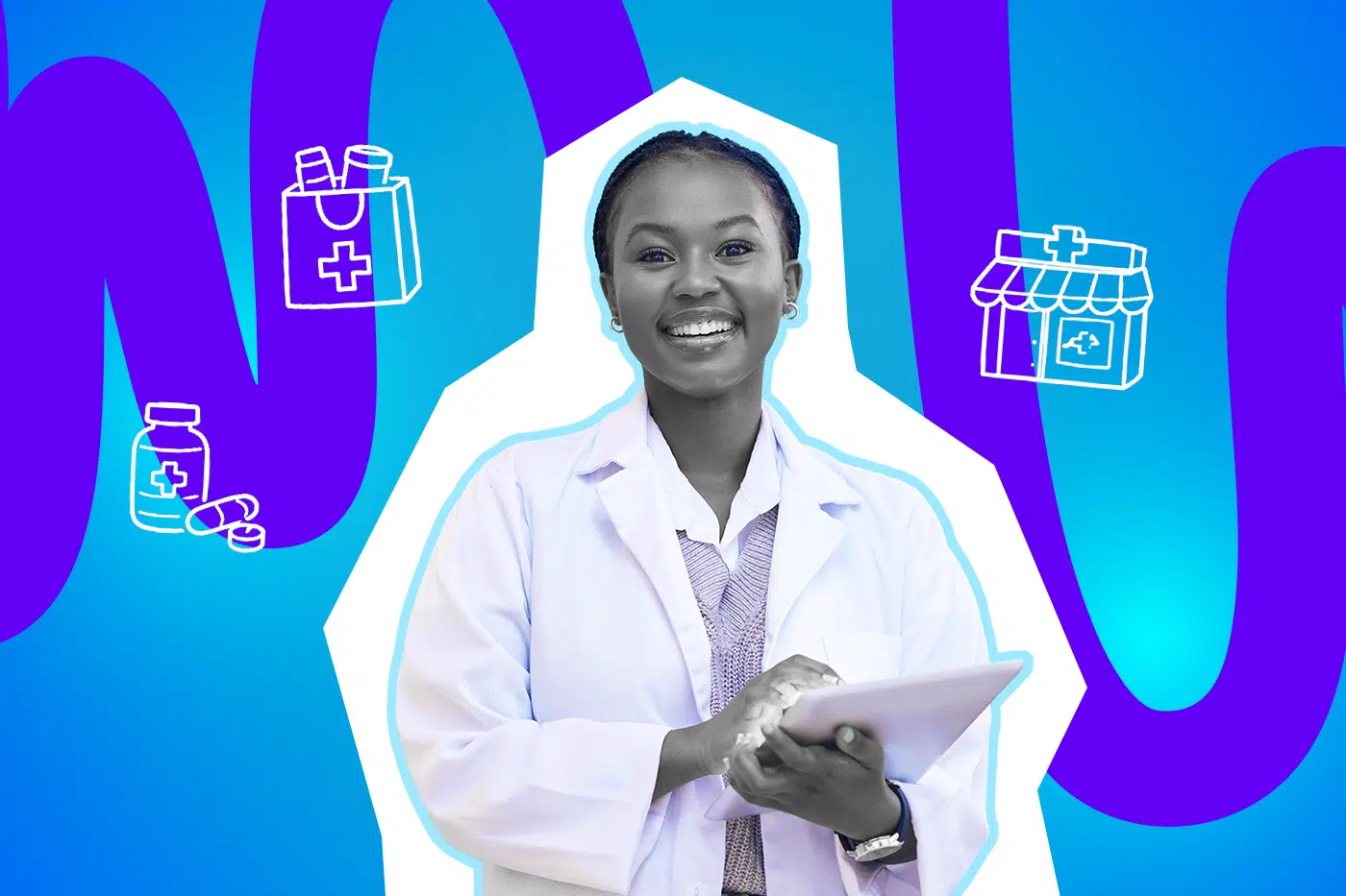 Eine Apothekerin lächelt mit Tablet in der Hand. Das Bild steht für Beratung, Gesundheit und moderne Apothekenservices.