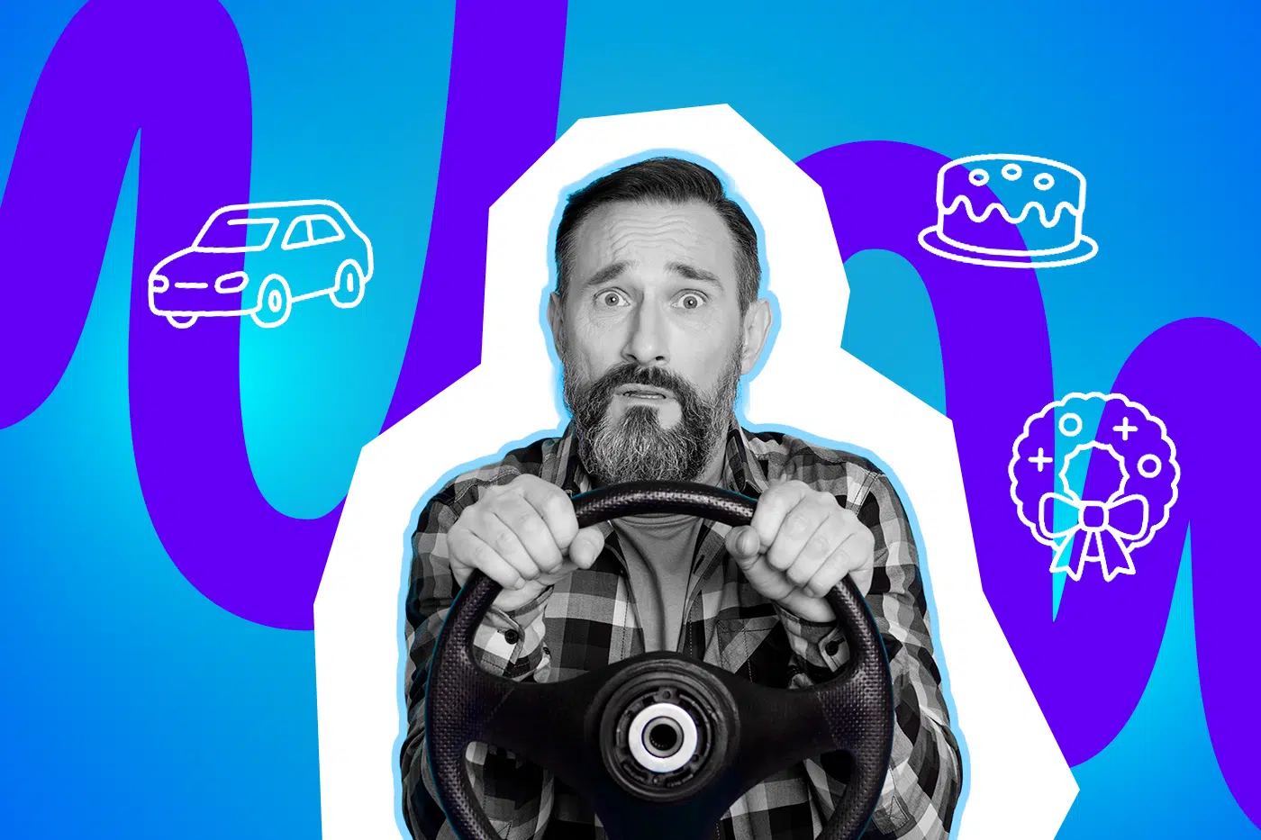 Ein besorgt blickender Mann sitzt am Steuer und klammert sich an das Lenkrad, umgeben von Symbolen für Auto, Torte und Kranz vor blau-lila Hintergrund.