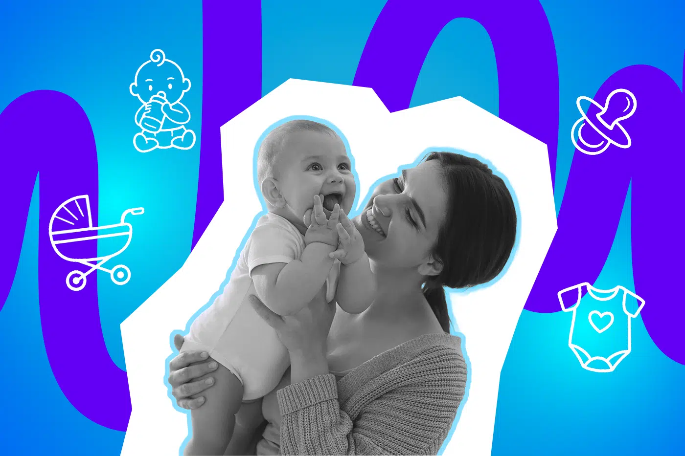 Eine Mutter hält ihr lachendes Baby liebevoll im Arm.