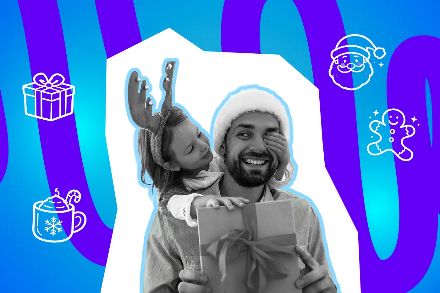 Ein Mann mit Weihnachtsmütze hält ein Geschenk, während ein Kind mit Rentier-Haarreif ihm lachend die Augen zuhält.