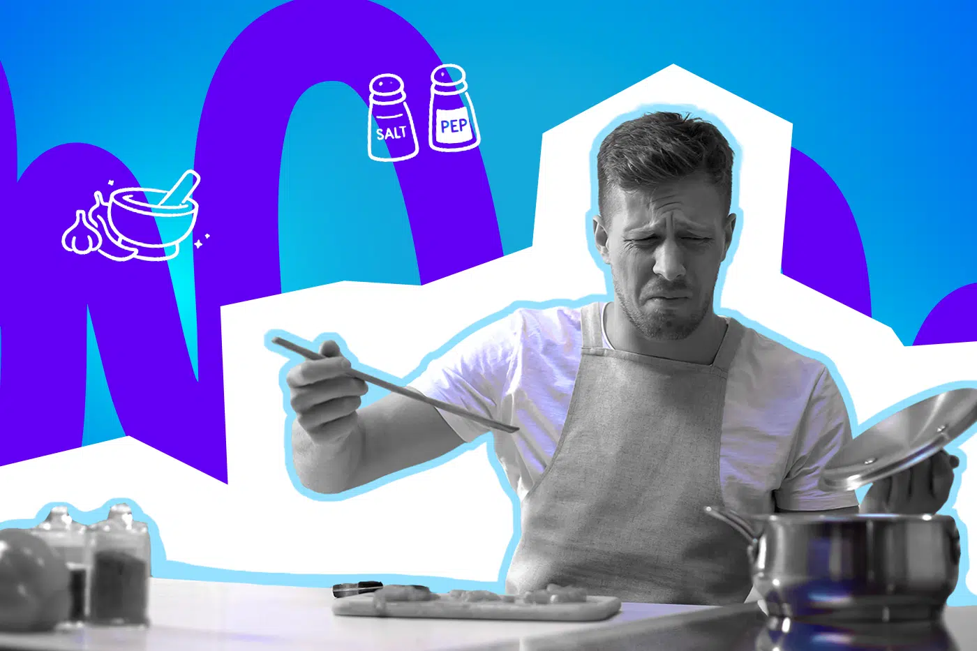 Ein Mann probiert sein Essen und verzieht das Gesicht, offenbar ist es zu stark gewürzt. Die Szene wirkt frustriert und leicht humorvoll.