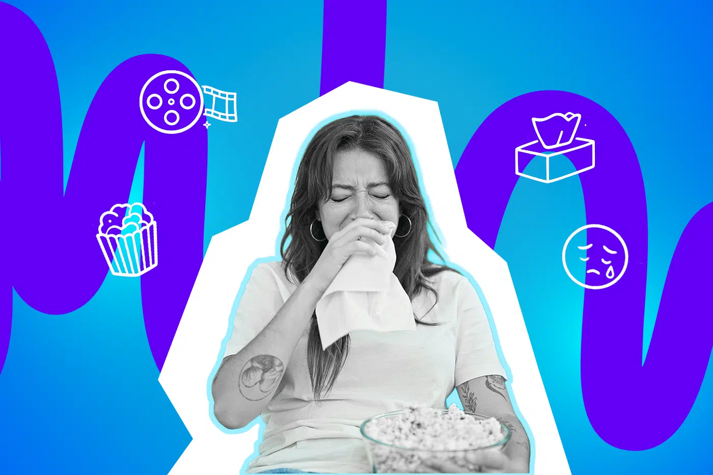 Frau weint gerührt beim Filmeschauen, hält ein Taschentuch und eine Schüssel Popcorn vor einem bunten, grafischen Hintergrund mit Kino- und Emotionssymbolen.