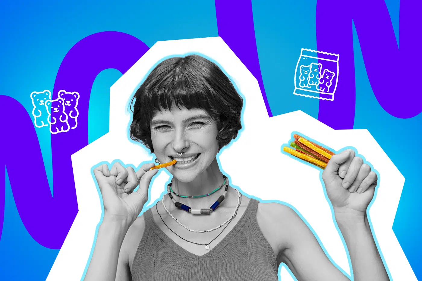 Lächelnde Frau hält und isst bunte Fruchtgummis vor einem farbenfrohen, grafischen Hintergrund mit gezeichneten Gummibärchen.