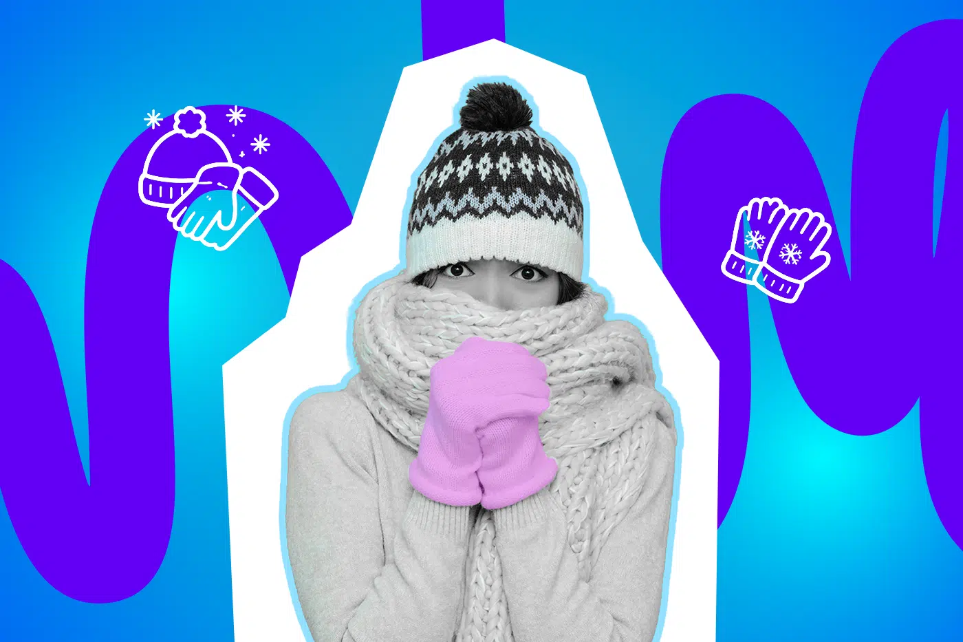 Eingemummelte Person mit Mütze, Schal und Handschuhen blickt frierend in die Kamera vor einem bunten, grafischen Hintergrund mit Wintersymbolen.