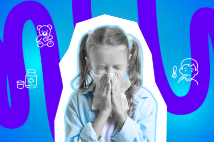 Ein Kind putzt sich die Nase und wirkt erkältet. Das Bild steht für Kinderkrankheiten, Fürsorge und den Besuch beim Kinderarzt.