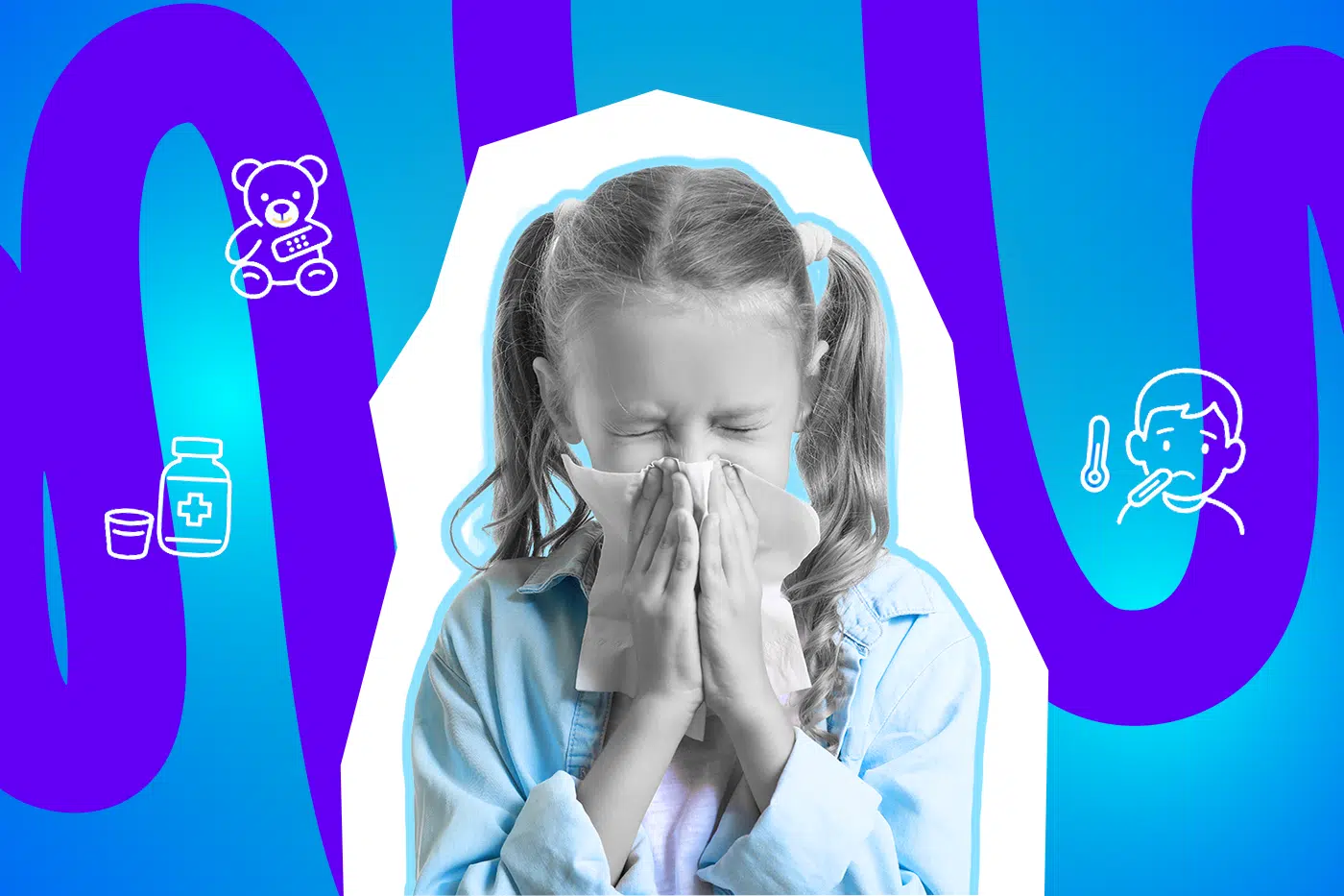 Ein Kind putzt sich die Nase und wirkt erkältet. Das Bild steht für Kinderkrankheiten, Fürsorge und den Besuch beim Kinderarzt.