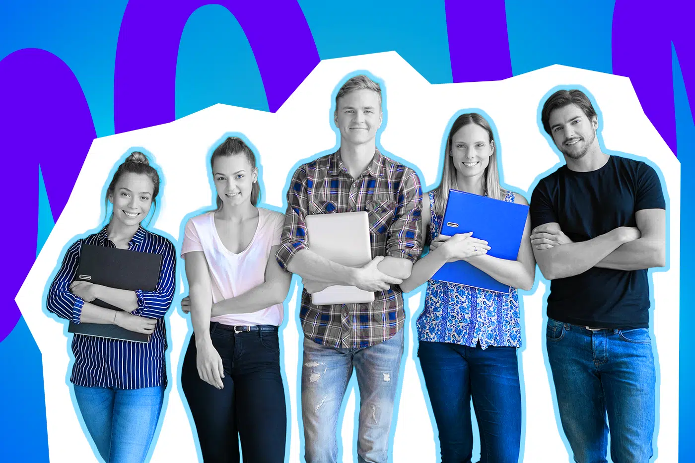 Eine Gruppe junger Erwachsener steht selbstbewusst nebeneinander. Das Bild erinnert an ein Klassentreffen oder einen gemeinsamen Neuanfang.