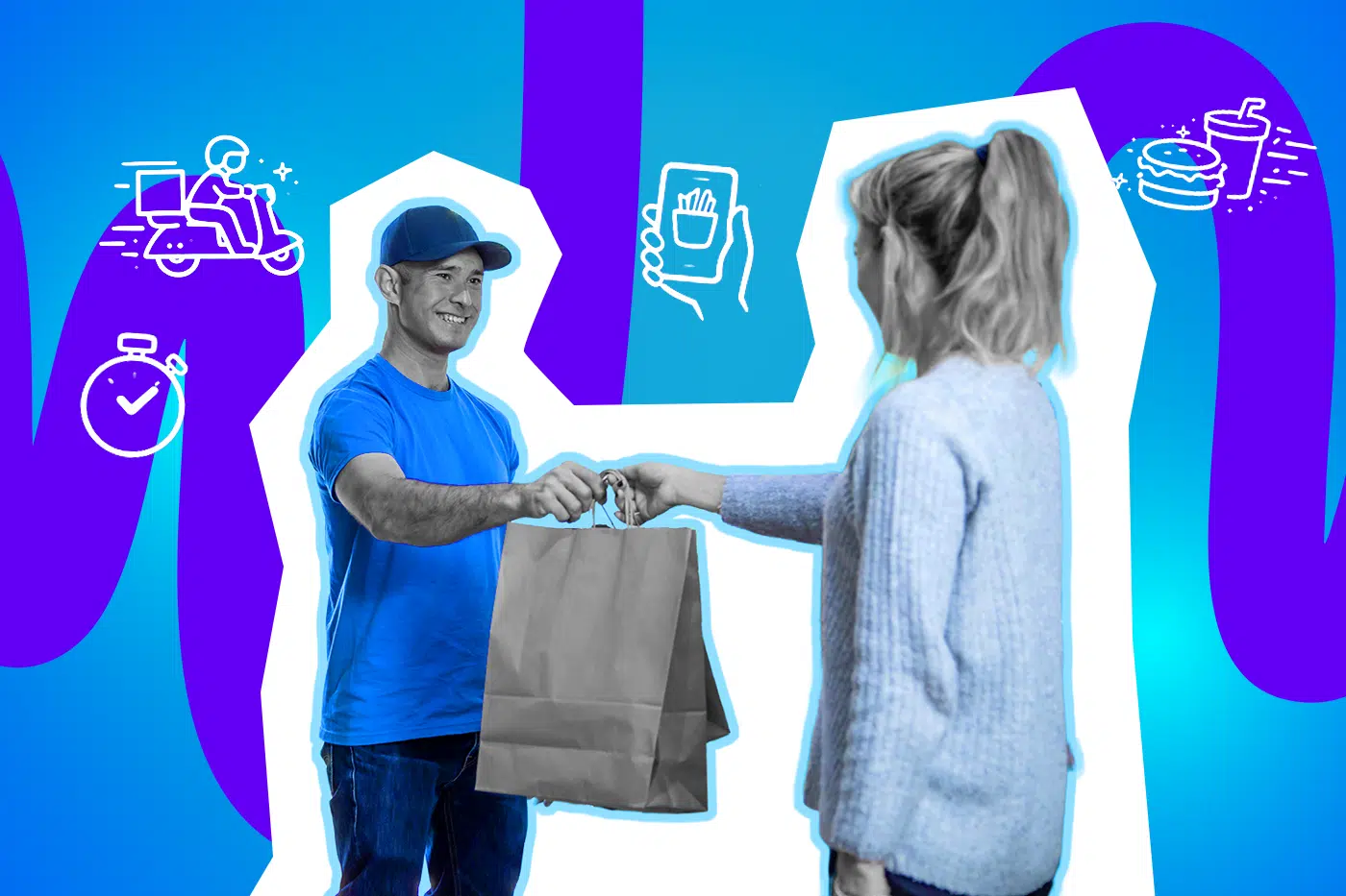 Freundlicher Lieferbote übergibt einer Kundin eine Papiertüte, beide lächeln, vor einem bunten, grafischen Hintergrund mit Liefer-, Bestell- und Fastfood-Symbolen.